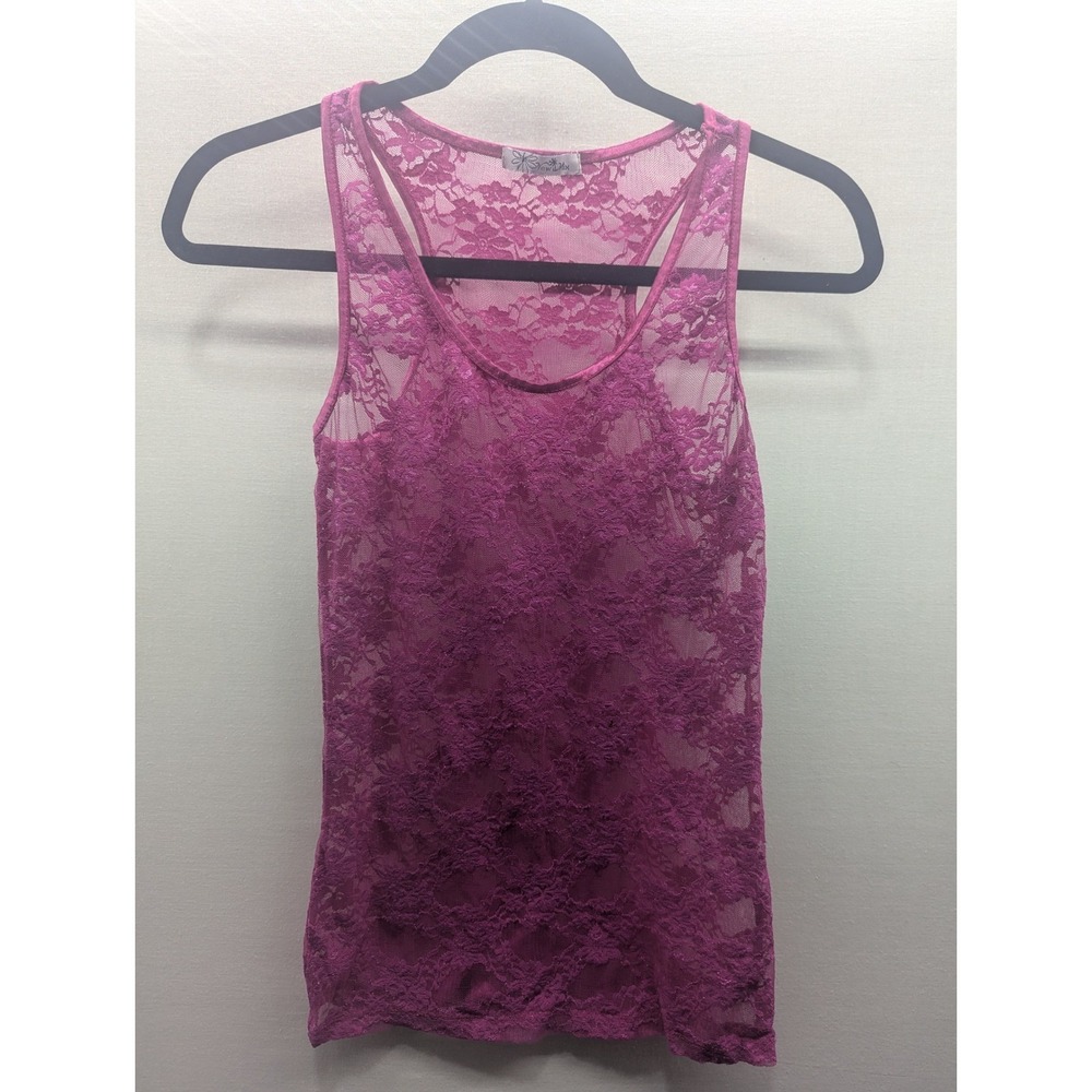 New Mix Women Magenta Pink Sheer Floral Lace Racerback Tank Top L